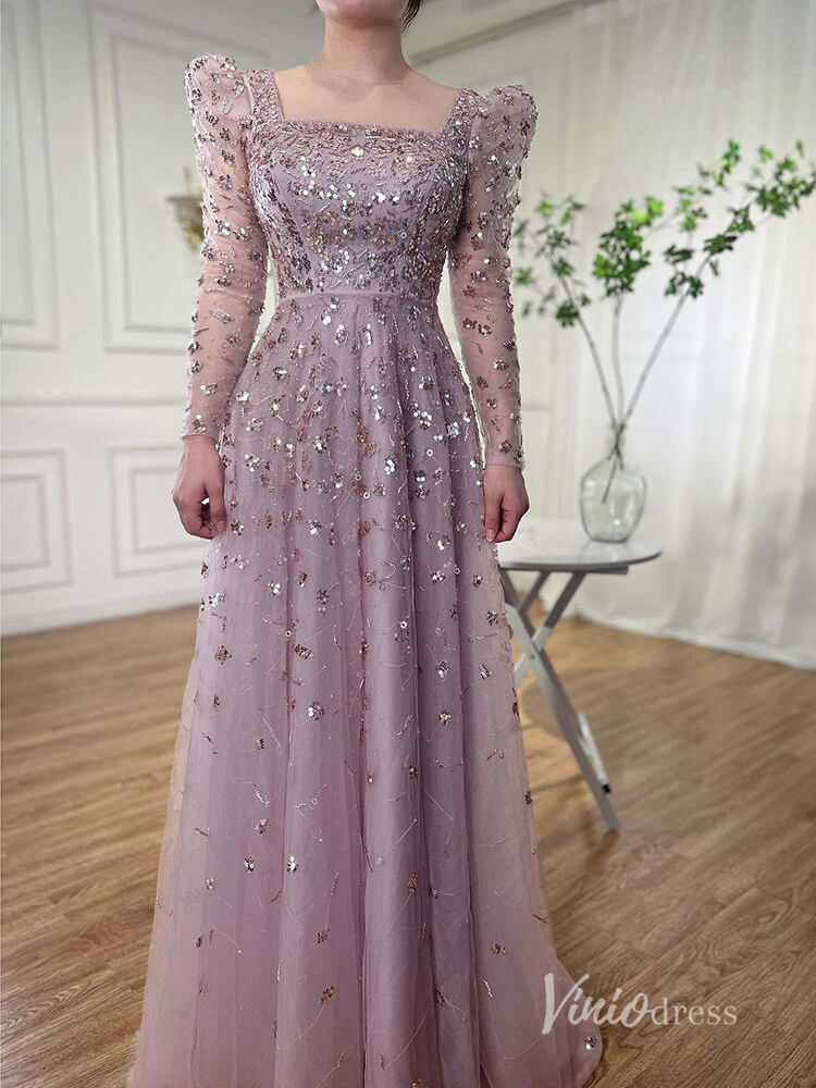 Beaded Sequin Long Sleeve Evening Dresses A-Line Pageant Dress AD1139-Evening Dresses 2025 -Viniodress-Blue-US 2-