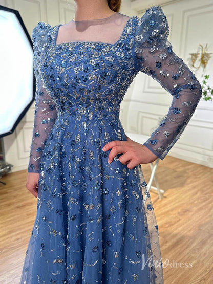 Beaded Sequin Long Sleeve Evening Dresses A-Line Pageant Dress AD1139-Evening Dresses 2025 -Viniodress-Blue-US 2-