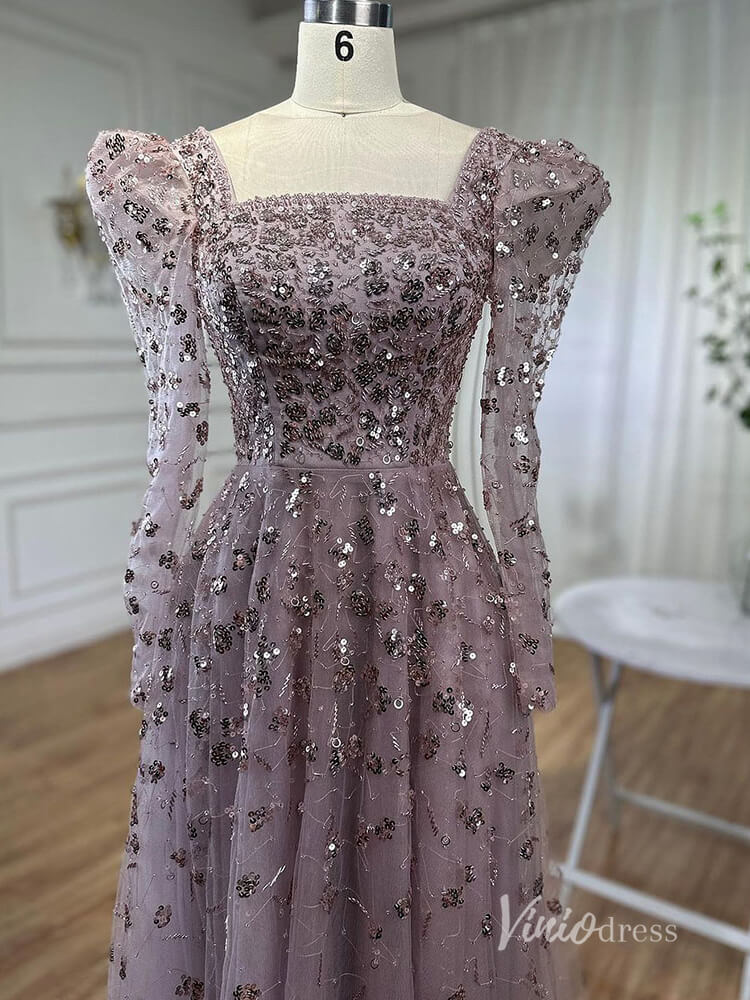 Beaded Sequin Long Sleeve Evening Dresses A-Line Pageant Dress AD1139-Evening Dresses 2025 -Viniodress-Blue-US 2-