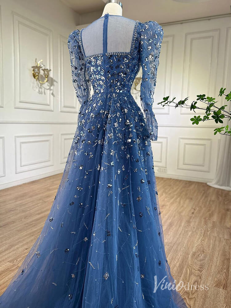 Beaded Sequin Long Sleeve Evening Dresses A-Line Pageant Dress AD1139-Evening Dresses 2025 -Viniodress-Blue-US 2-