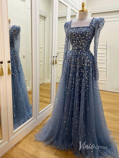 Beaded Sequin Long Sleeve Evening Dresses A-Line Pageant Dress AD1139-Evening Dresses 2025 -Viniodress-Blue-US 2-