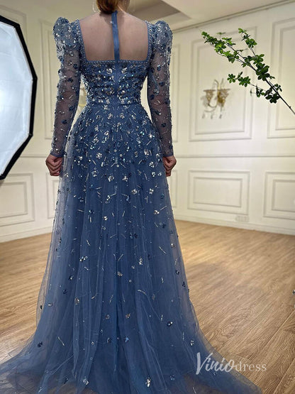 Beaded Sequin Long Sleeve Evening Dresses A-Line Pageant Dress AD1139-Evening Dresses 2025 -Viniodress-Blue-US 2-