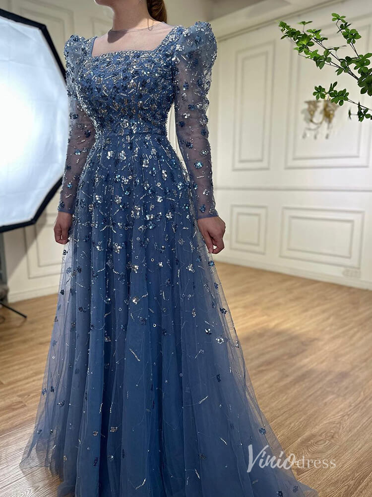 Beaded Sequin Long Sleeve Evening Dresses A-Line Pageant Dress AD1139-Evening Dresses 2025 -Viniodress-Blue-US 2-