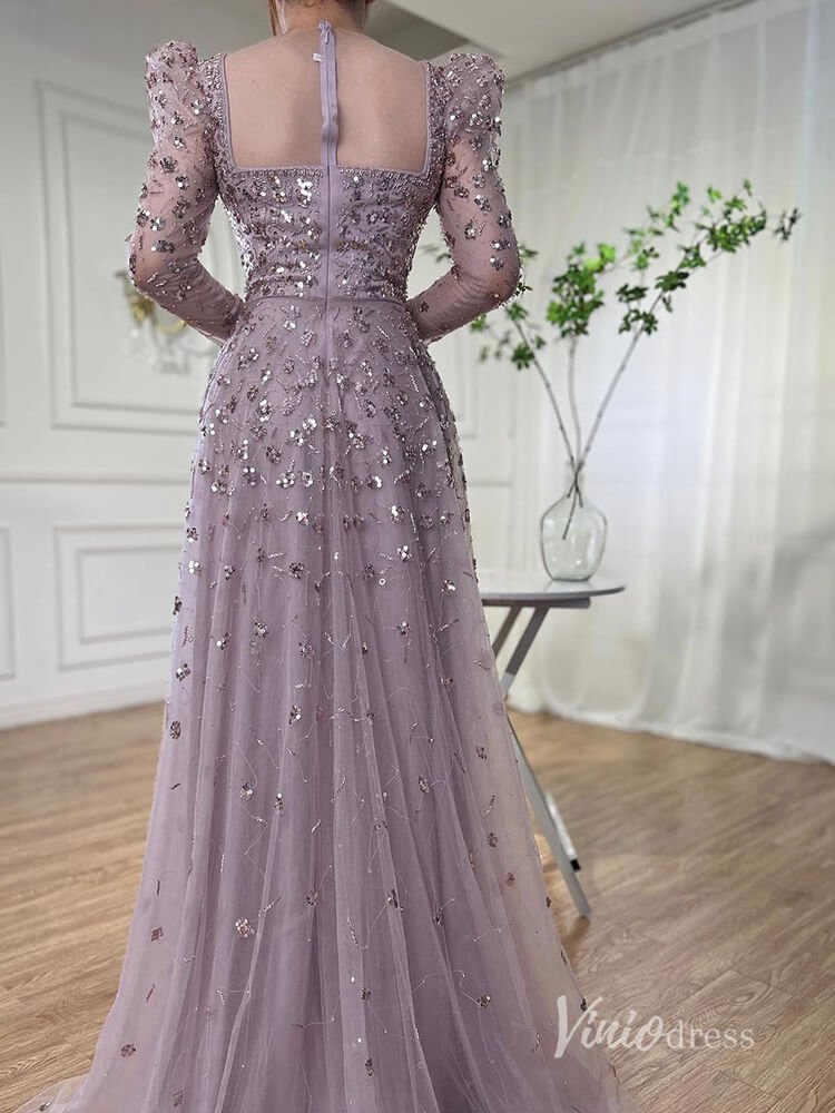 Beaded Sequin Long Sleeve Evening Dresses A-Line Pageant Dress AD1139-Evening Dresses 2025 -Viniodress-Blue-US 2-