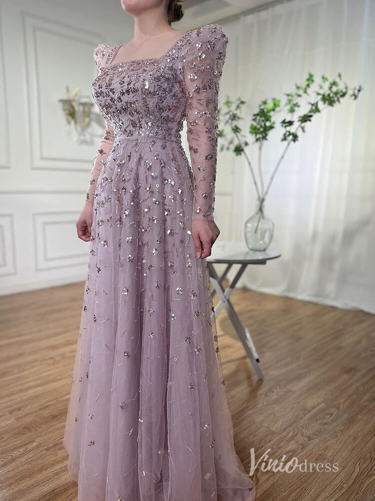 Beaded Sequin Long Sleeve Evening Dresses A-Line Pageant Dress AD1139-Evening Dresses 2025 -Viniodress-Pink-US 2-