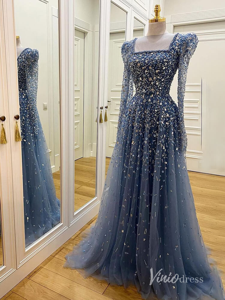 Beaded Sequin Long Sleeve Evening Dresses A-Line Pageant Dress AD1139-prom dresses-Viniodress-Viniodress