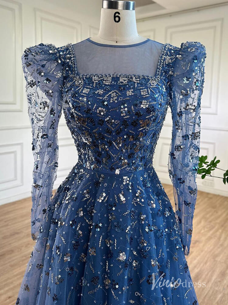 Beaded Sequin Long Sleeve Evening Dresses A-Line Pageant Dress AD1139-prom dresses-Viniodress-Viniodress