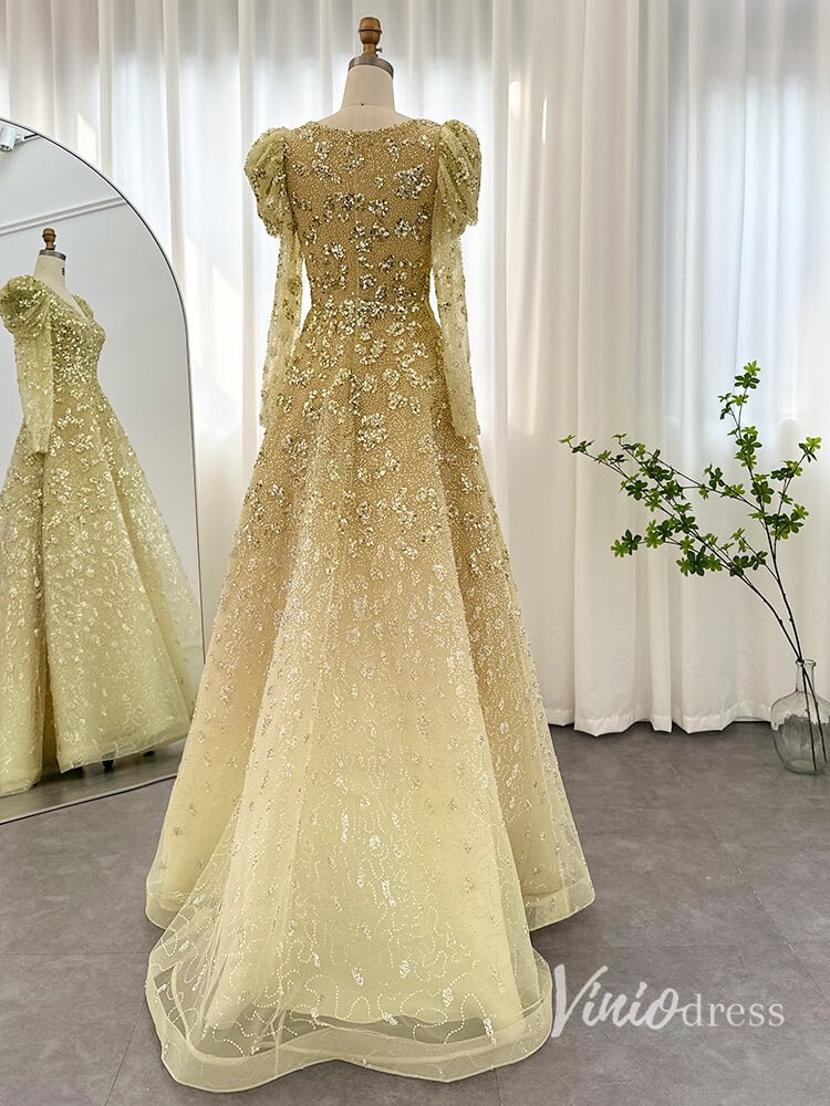 Beaded Sequin Long Sleeve Evening Dresses A-Line V-Neck Pageant Dress AD1157-Evening Dresses 2025 -Viniodress-Champagne-US 2-