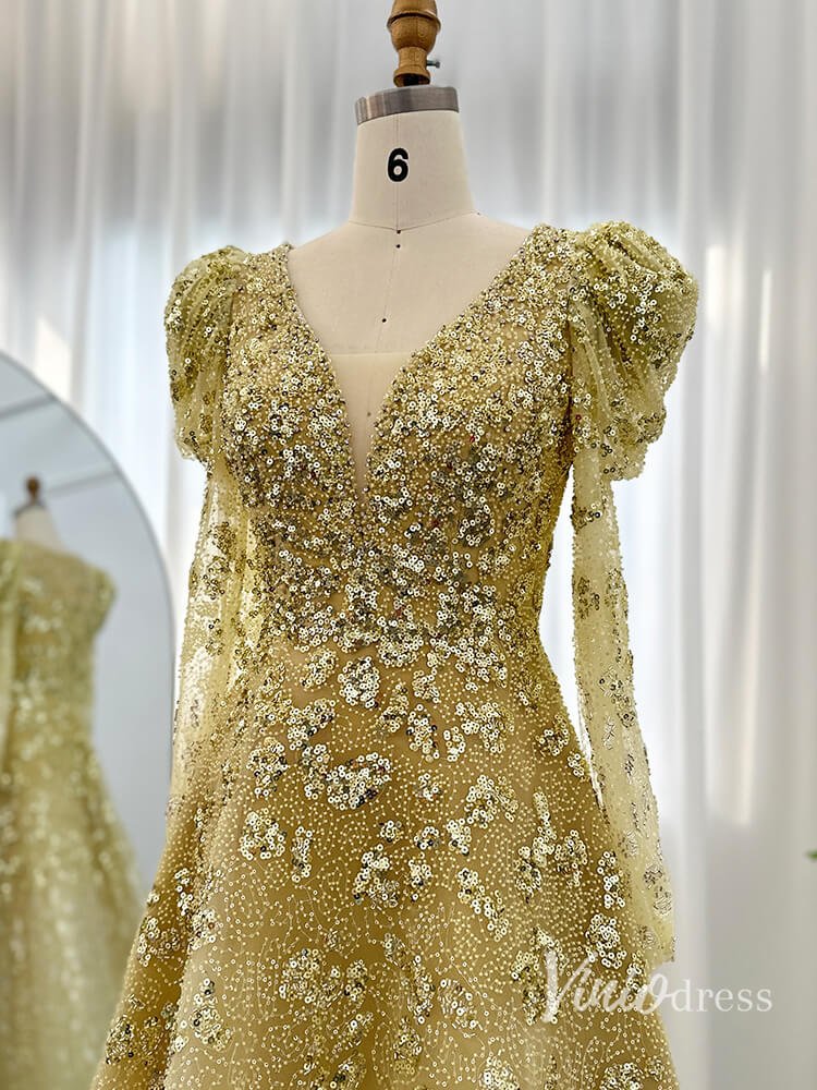 Beaded Sequin Long Sleeve Evening Dresses A-Line V-Neck Pageant Dress AD1157-Evening Dresses 2025 -Viniodress-Champagne-US 2-