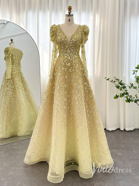 Beaded Sequin Long Sleeve Evening Dresses A-Line V-Neck Pageant Dress –  Viniodress