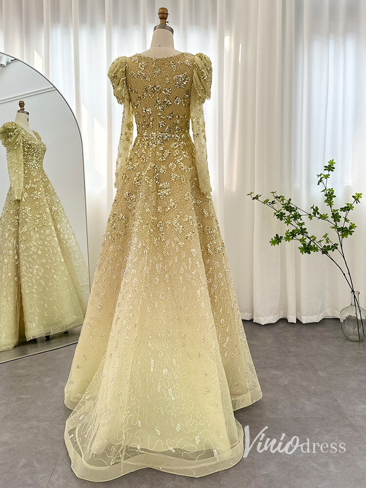 Beaded Sequin Long Sleeve Evening Dresses A-Line V-Neck Pageant Dress AD1157-prom dresses-Viniodress-Viniodress