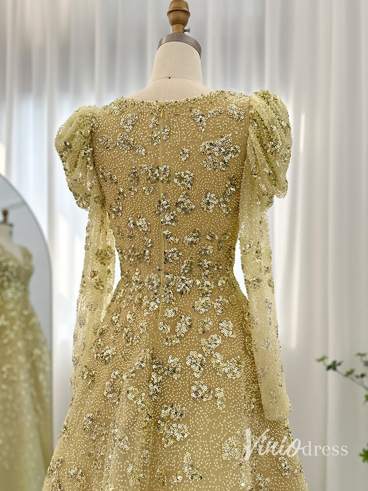 Beaded Sequin Long Sleeve Evening Dresses A-Line V-Neck Pageant Dress AD1157-prom dresses-Viniodress-Viniodress