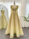 Beaded Sequin Long Sleeve Evening Dresses A-Line V-Neck Pageant Dress AD1157