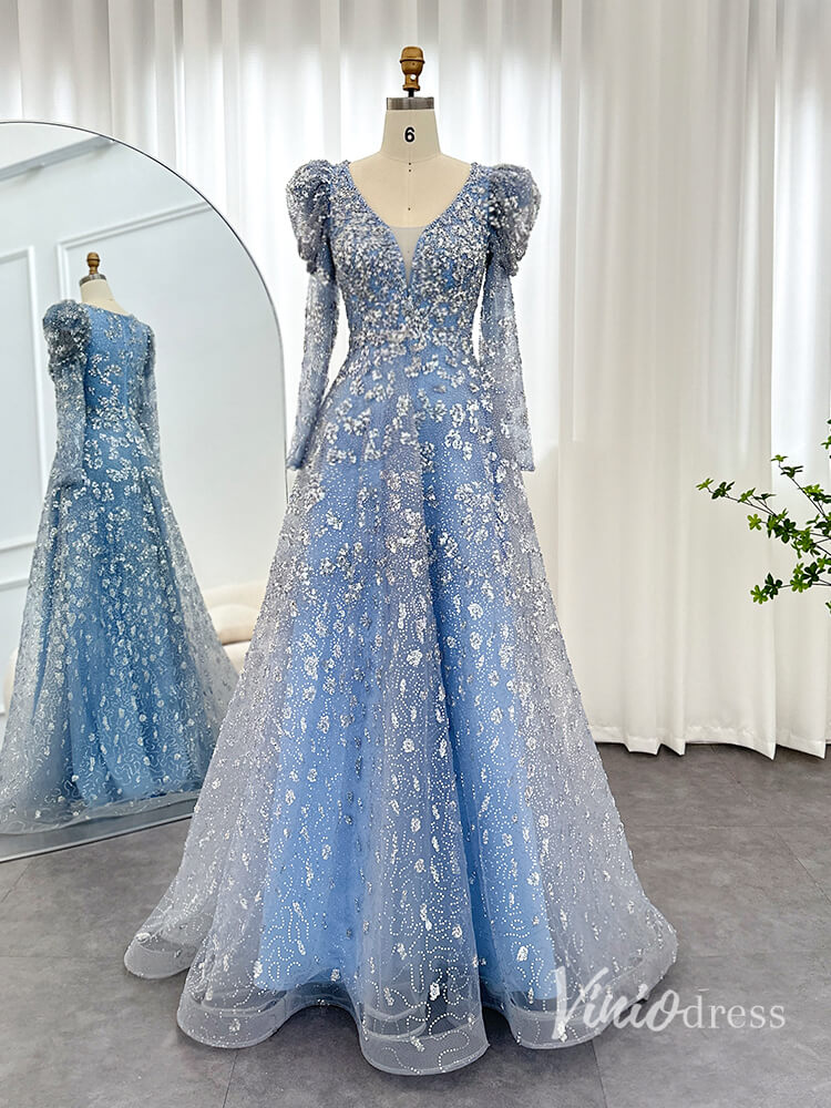 Beaded Sequin Long Sleeve Evening Dresses A-Line V-Neck Pageant Dress AD1157-prom dresses-Viniodress-Light Blue-US 2-Viniodress