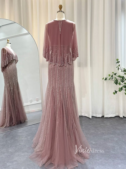 Beaded Sheath Cape Sleeve Prom Dresses Mother of the Bride Dress AD1176-Evening Dresses 2025 -Viniodress-Dusty Rose-US 2-