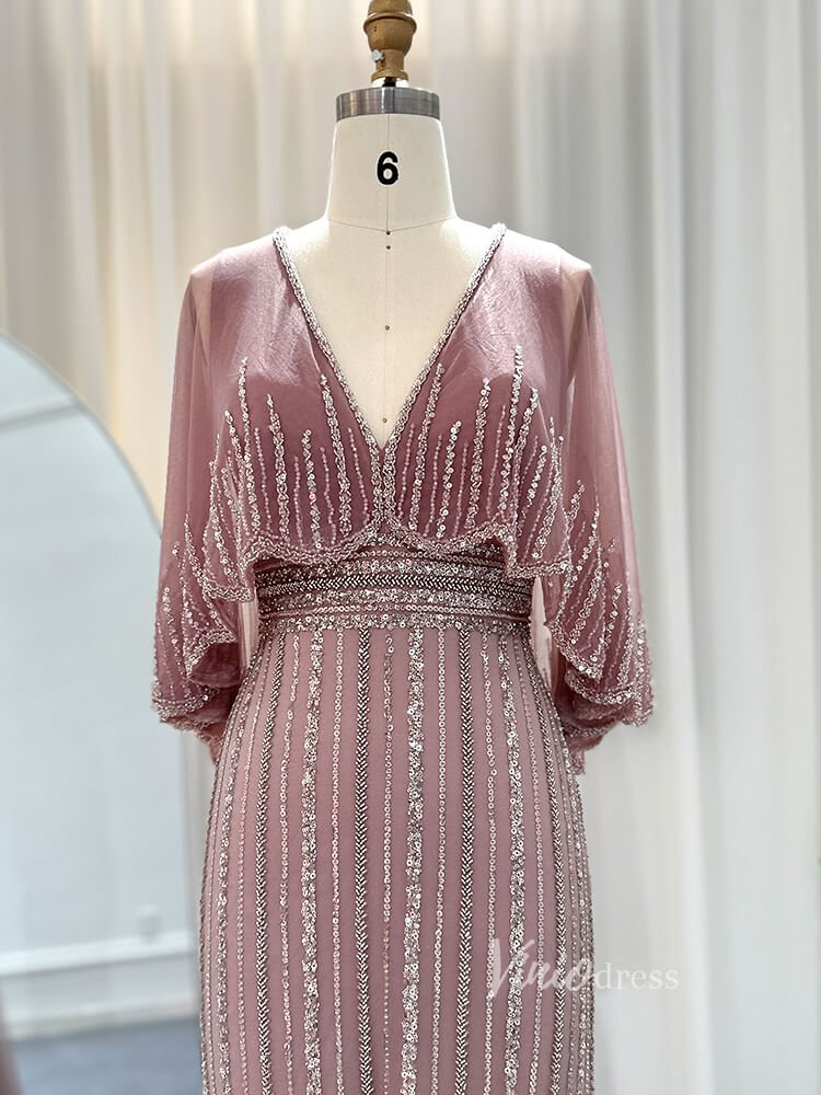 Beaded Sheath Cape Sleeve Prom Dresses Mother of the Bride Dress AD1176-Evening Dresses 2025 -Viniodress-Dusty Rose-US 2-