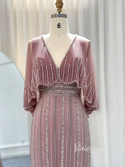 Beaded Sheath Cape Sleeve Prom Dresses Mother of the Bride Dress AD1176-Evening Dresses 2025 -Viniodress-Dusty Rose-US 2-