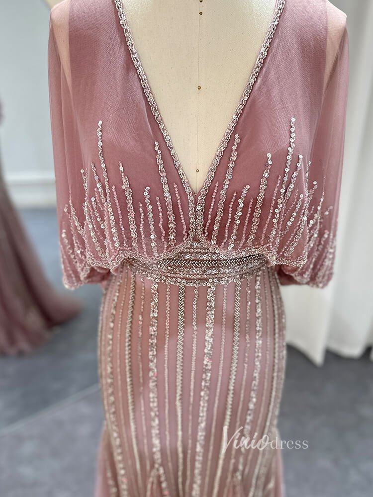 Beaded Sheath Cape Sleeve Prom Dresses Mother of the Bride Dress AD1176-Evening Dresses 2025 -Viniodress-Dusty Rose-US 2-