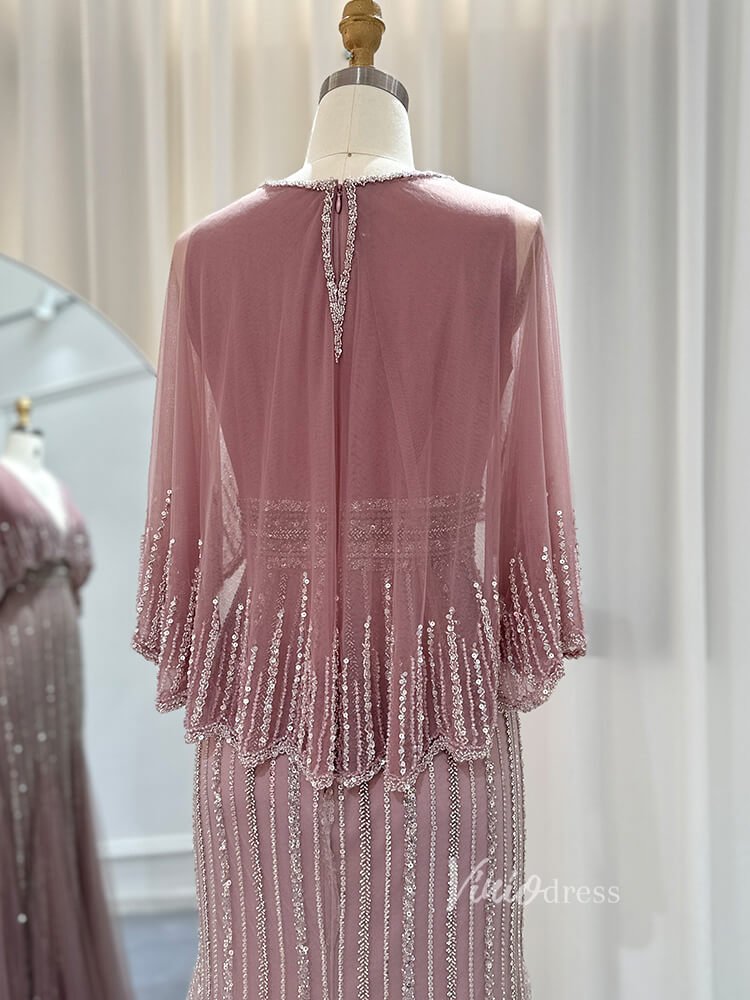 Beaded Sheath Cape Sleeve Prom Dresses Mother of the Bride Dress AD1176-Evening Dresses 2025 -Viniodress-Dusty Rose-US 2-