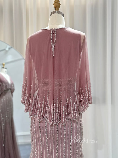 Beaded Sheath Cape Sleeve Prom Dresses Mother of the Bride Dress AD1176-Evening Dresses 2025 -Viniodress-Dusty Rose-US 2-