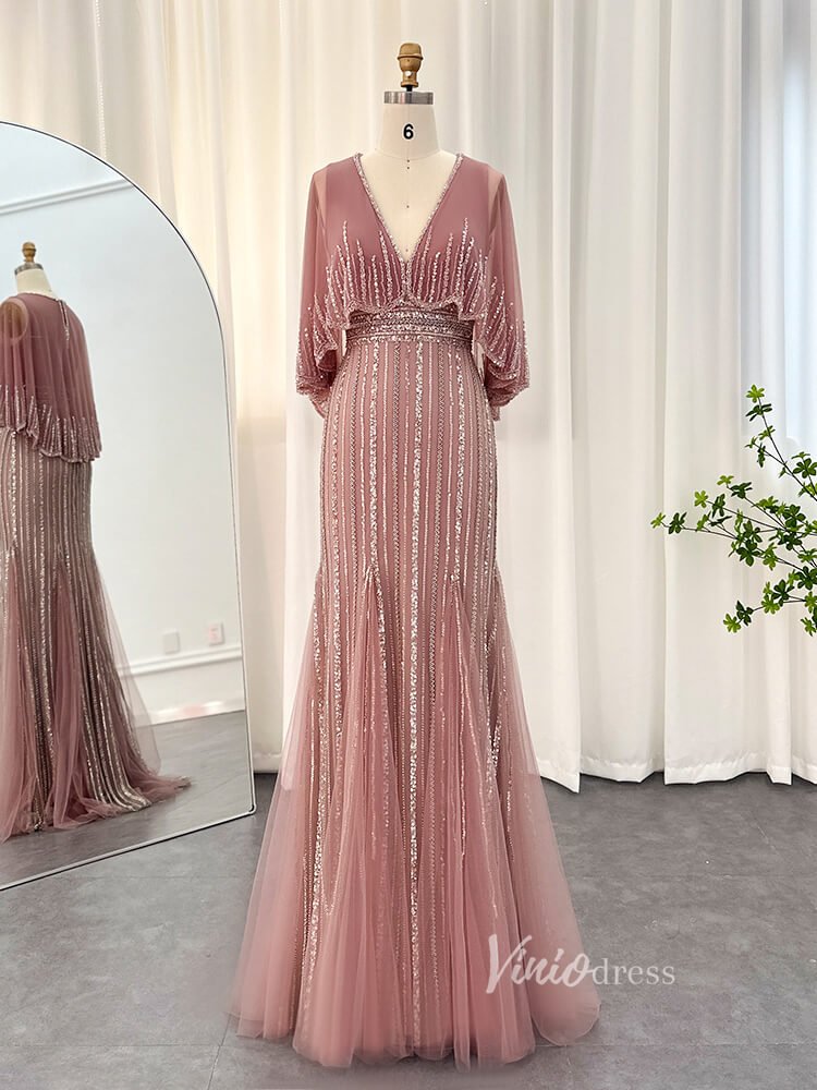 Beaded Sheath Cape Sleeve Prom Dresses Mother of the Bride Dress AD1176-Evening Dresses 2025 -Viniodress-Dusty Rose-US 2-