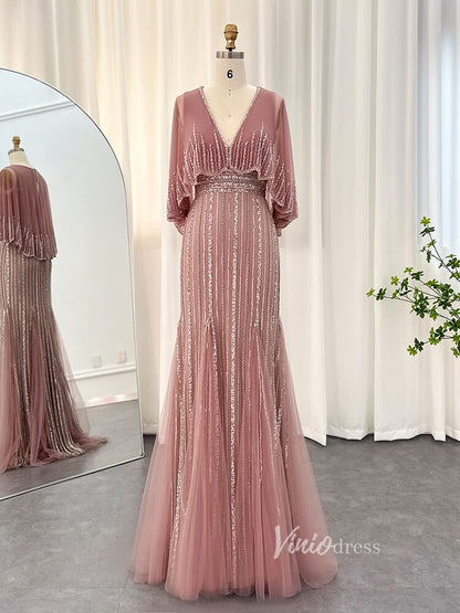 Beaded Sheath Cape Sleeve Prom Dresses Mother of the Bride Dress AD1176-Evening Dresses 2025 -Viniodress-Dusty Rose-US 2-