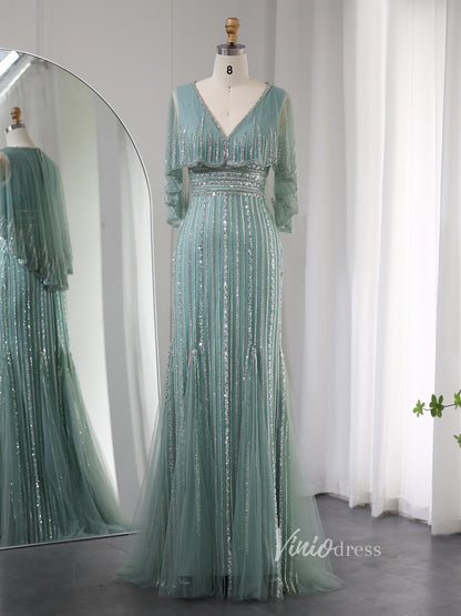 Beaded Sheath Cape Sleeve Prom Dresses Mother of the Bride Dress AD1176-Evening Dresses 2025 -Viniodress-Green-US 2-