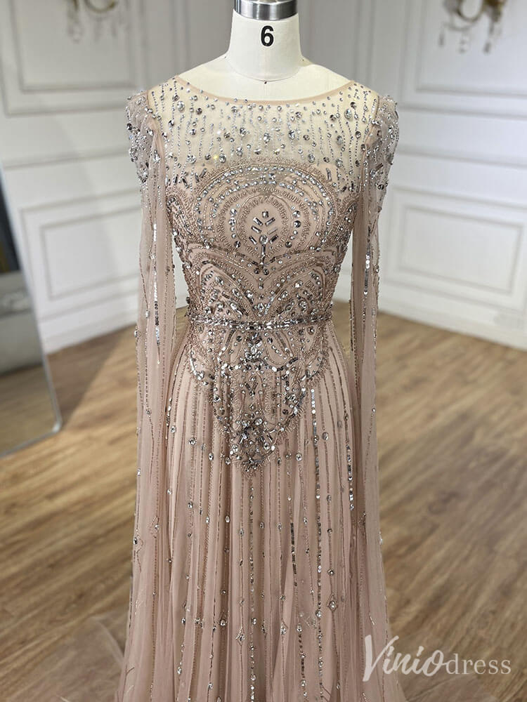 Beaded Sheath Extra Long Sleeve Prom Dresses 20s Boat Neck Pageant Dress FD2467-Evening Dresses 2025 -Viniodress-As Picture-US 2-