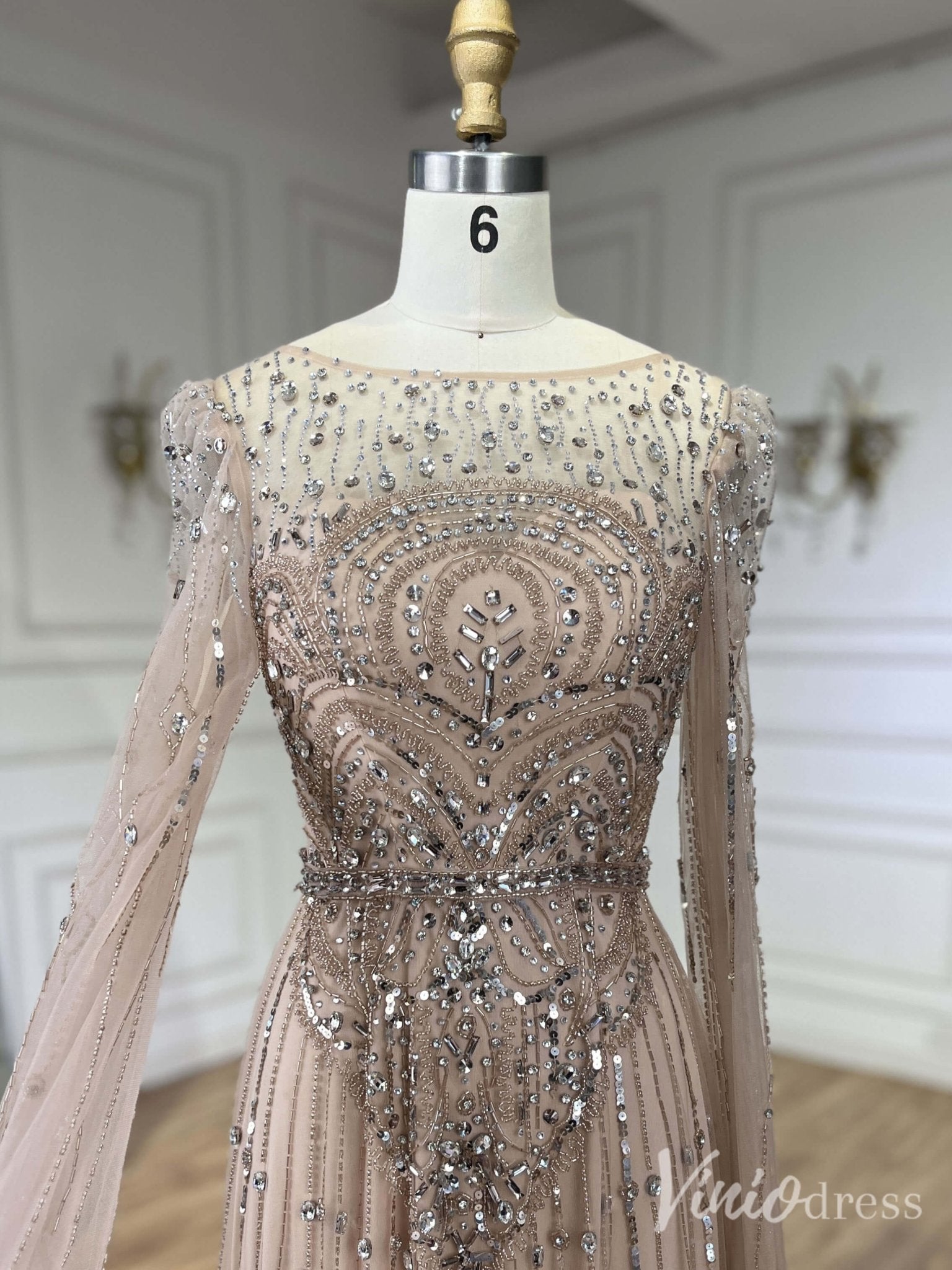 Beaded Sheath Extra Long Sleeve Prom Dresses 20s Boat Neck Pageant Dress FD2467-Evening Dresses 2025 -Viniodress-As Picture-US 2-