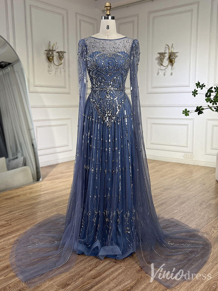 Beaded Sheath Extra Long Sleeve Prom Dresses 20s Boat Neck Pageant Dress FD2467-Evening Dresses 2025 -Viniodress-Blue-US 2-