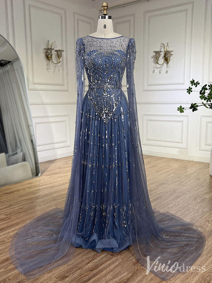 Beaded Sheath Extra Long Sleeve Prom Dresses 20s Boat Neck Pageant Dress FD2467-Evening Dresses 2025 -Viniodress-Blue-US 2-