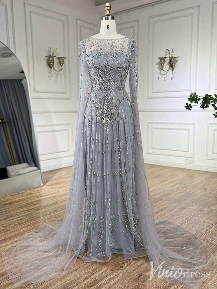 Beaded Sheath Extra Long Sleeve Prom Dresses 20s Boat Neck Pageant Dress FD2467-Evening Dresses 2025 -Viniodress-Silver-US 2-