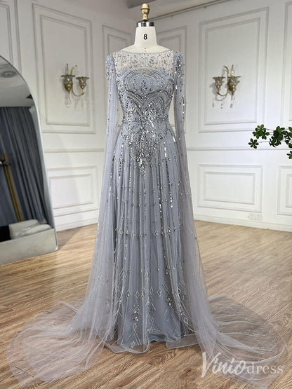 Beaded Sheath Extra Long Sleeve Prom Dresses 20s Boat Neck Pageant Dress FD2467-Evening Dresses 2025 -Viniodress-Silver-US 2-