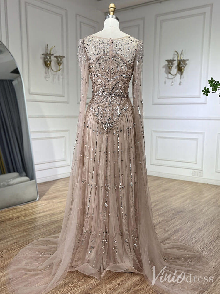 Beaded Sheath Extra Long Sleeve Prom Dresses 20s Boat Neck Pageant Dress FD2467-prom dresses-Viniodress-Viniodress