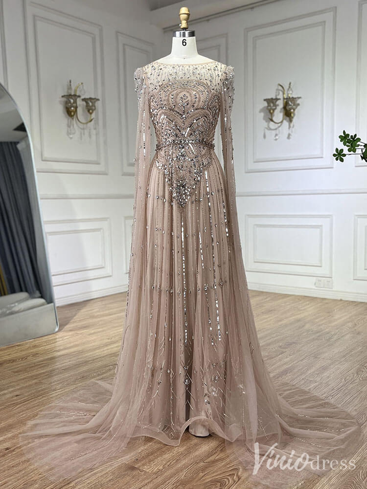 Beaded Sheath Extra Long Sleeve Prom Dresses 20s Boat Neck Pageant Dress FD2467-prom dresses-Viniodress-Champagne-US 2-Viniodress