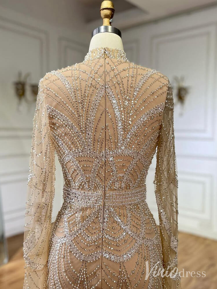 Beaded Sheath Long Sleeve Prom Dresses High Neck Pageant Dress AD1256-Evening Dresses 2025 -Viniodress-Black-US 2-