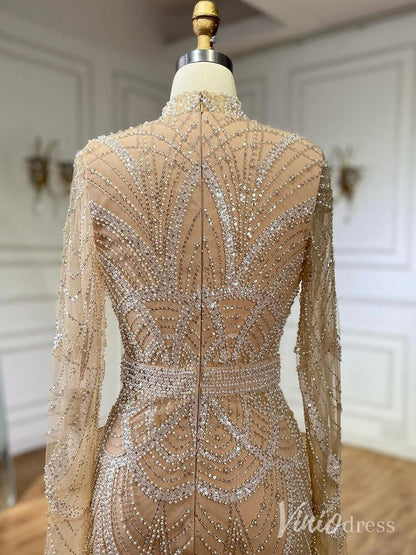 Beaded Sheath Long Sleeve Prom Dresses High Neck Pageant Dress AD1256-Evening Dresses 2025 -Viniodress-Black-US 2-