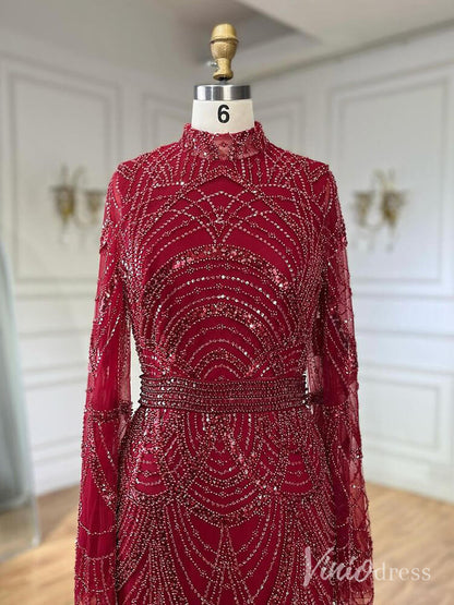 Beaded Sheath Long Sleeve Prom Dresses High Neck Pageant Dress AD1256-Evening Dresses 2025 -Viniodress-Black-US 2-