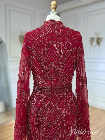 Beaded Sheath Long Sleeve Prom Dresses High Neck Pageant Dress AD1256-Evening Dresses 2025 -Viniodress-Black-US 2-