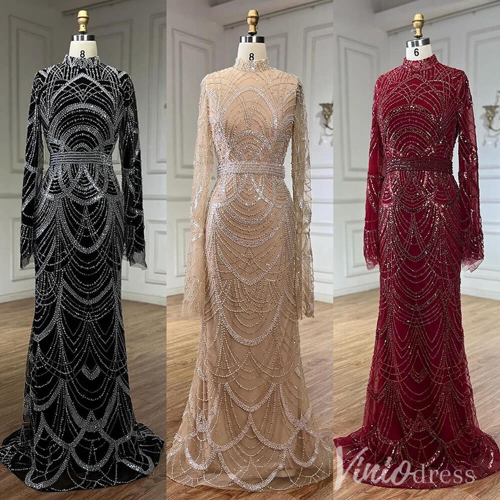 Beaded Sheath Long Sleeve Prom Dresses High Neck Pageant Dress AD1256-Evening Dresses 2025 -Viniodress-Black-US 2-