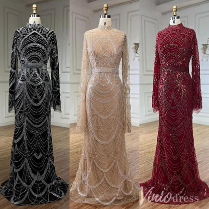 Beaded Sheath Long Sleeve Prom Dresses High Neck Pageant Dress AD1256-Evening Dresses 2025 -Viniodress-Black-US 2-