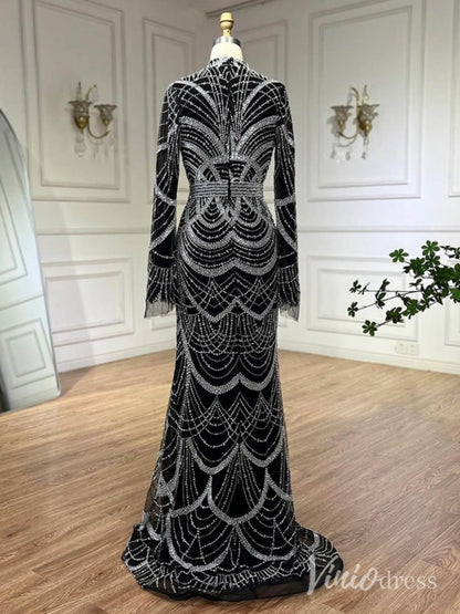 Beaded Sheath Long Sleeve Prom Dresses High Neck Pageant Dress AD1256-Evening Dresses 2025 -Viniodress-Black-US 2-