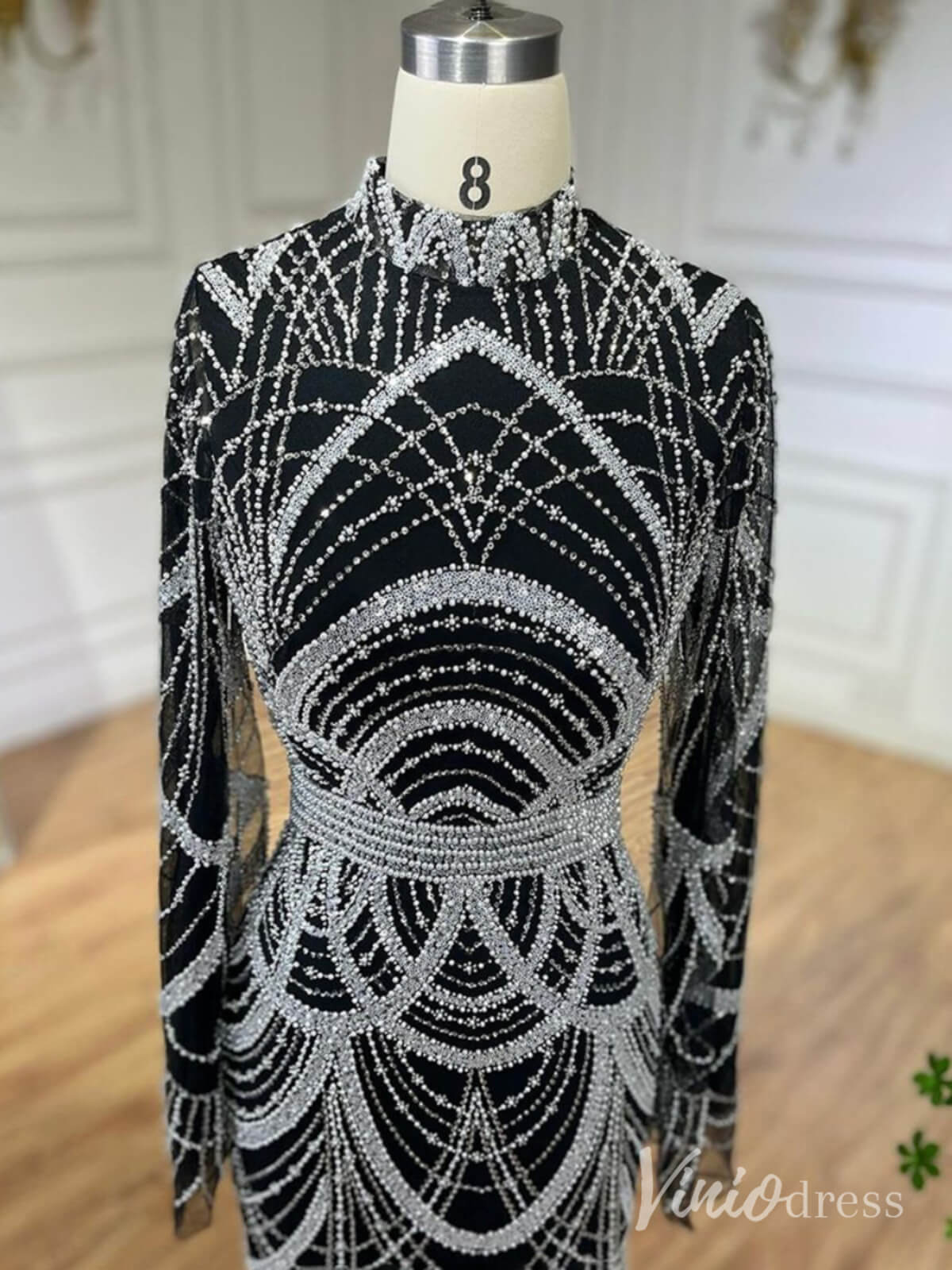 Beaded Sheath Long Sleeve Prom Dresses High Neck Pageant Dress AD1256-Evening Dresses 2025 -Viniodress-Black-US 2-