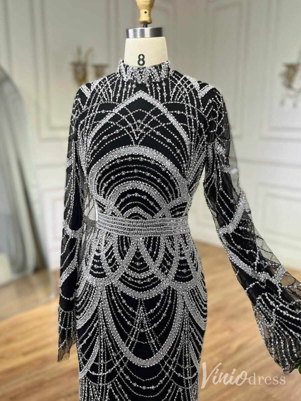 Beaded Sheath Long Sleeve Prom Dresses High Neck Pageant Dress AD1256-Evening Dresses 2025 -Viniodress-Black-US 2-