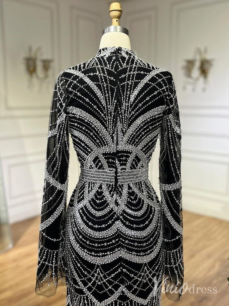 Beaded Sheath Long Sleeve Prom Dresses High Neck Pageant Dress AD1256-Evening Dresses 2025 -Viniodress-Black-US 2-