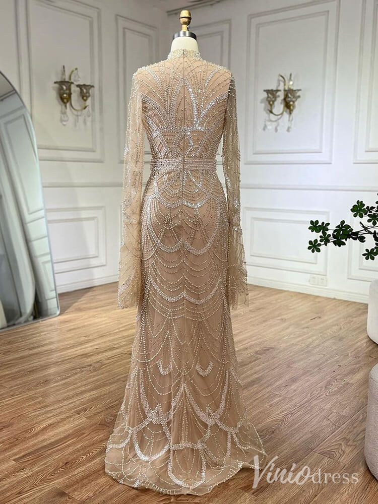 Beaded Sheath Long Sleeve Prom Dresses High Neck Pageant Dress AD1256-Evening Dresses 2025 -Viniodress-Black-US 2-