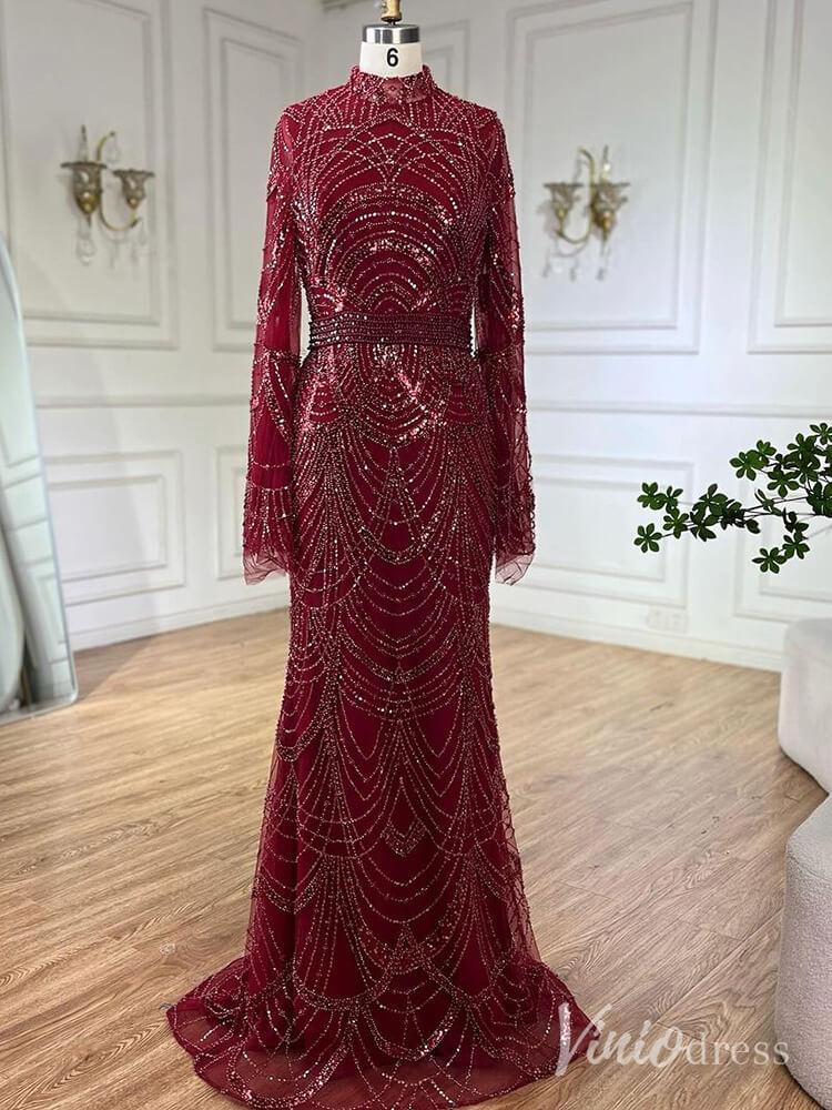 Beaded Sheath Long Sleeve Prom Dresses High Neck Pageant Dress AD1256-Evening Dresses 2025 -Viniodress-Burgundy-US 2-