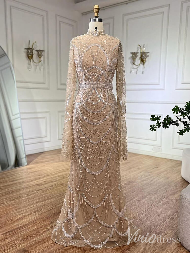 Beaded Sheath Long Sleeve Prom Dresses High Neck Pageant Dress AD1256-Evening Dresses 2025 -Viniodress-Khaki-US 2-