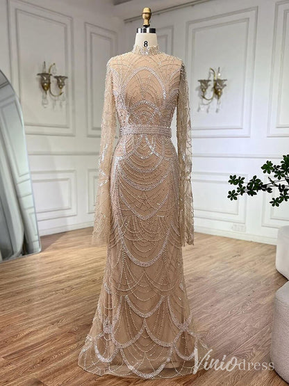 Beaded Sheath Long Sleeve Prom Dresses High Neck Pageant Dress AD1256-Evening Dresses 2025 -Viniodress-Khaki-US 2-