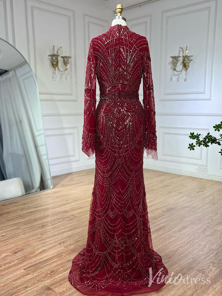 Beaded Sheath Long Sleeve Prom Dresses High Neck Pageant Dress AD1256-Evening Dresses 2025 -Viniodress-Black-US 2-